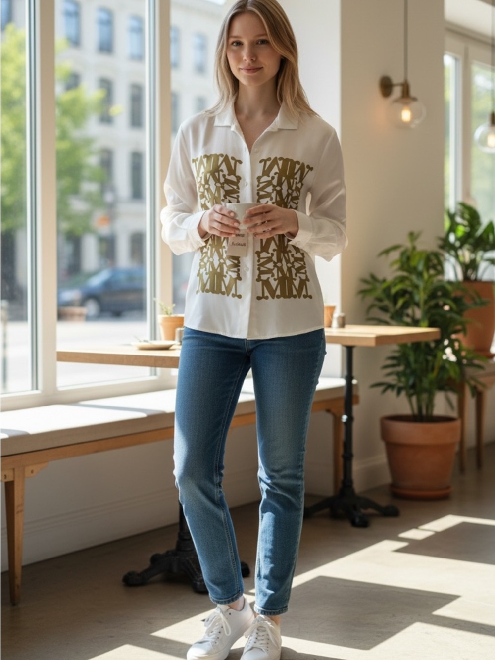 MaxMara White Silk Shirt with Gold Graphic Motif